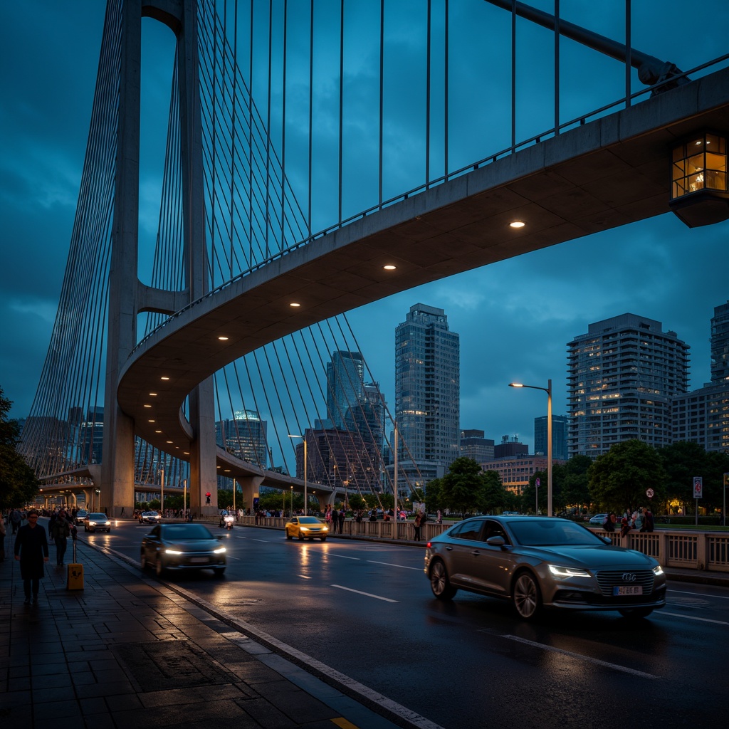 Prompt: Sleek vehicular bridge, cantilevered roadways, suspension cables, steel arches, modern minimalist design, urban cityscape, busy traffic flow, concrete piers, metallic railings, LED lighting systems, dynamic curves, geometric shapes, futuristic aesthetic, high-contrast shading, dramatic nighttime illumination, 3/4 composition, low-angle shot, cinematic atmosphere.