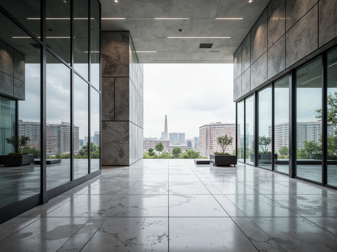 Prompt: Polished marble floors, sleek metal surfaces, large glass windows, minimalist ornamentation, monochromatic color schemes, rectangular forms, clean lines, functional simplicity, brutalist concrete structures, industrial materials, urban cityscape, cloudy day, soft diffused lighting, shallow depth of field, 1/1 composition, realistic textures, ambient occlusion.