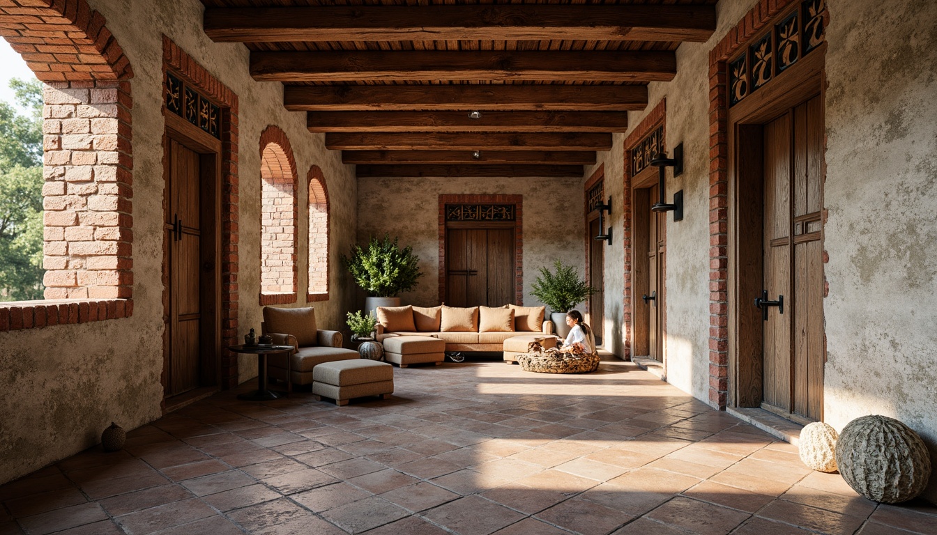 Prompt: Rough stone walls, worn wooden planks, rusty metal accents, vintage brick facades, distressed concrete floors, moss-covered rocks, weathered driftwood, intricate tile mosaics, ornate carved details, layered stucco finishes, earthy terracotta hues, soft natural lighting, warm ambient shadows, 1/2 composition, realistic material textures, atmospheric perspective.