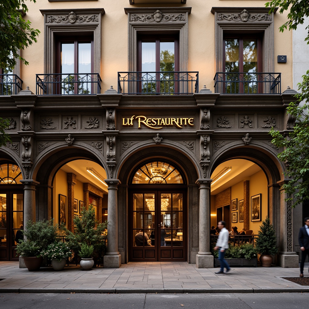 Prompt: Ornate restaurant facade, Renaissance-style architecture, grand entrance, decorative columns, carved wooden doors, stained glass windows, rustic stone walls, ornamental balconies, elegant arches, golden accents, rich textures, soft warm lighting, shallow depth of field, 1/1 composition, symmetrical view, realistic materials, ambient occlusion.