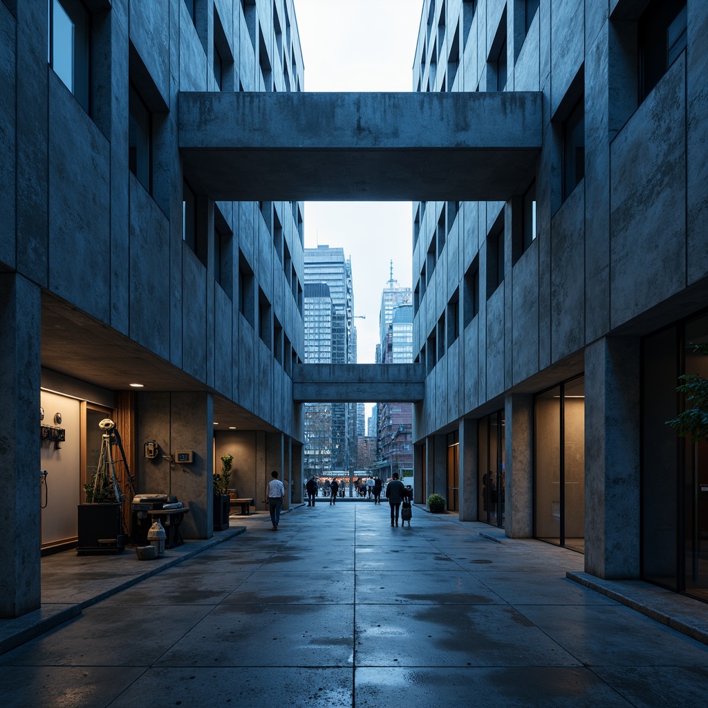 Prompt: Navy blue brutalist building, rugged concrete walls, angular geometric forms, industrial metal accents, stark minimalistic interior, exposed ductwork, raw concrete floors, industrial-style lighting fixtures, steel beams, urban cityscape background, overcast skies, dramatic shadows, high contrast ratio, cinematic composition, shallow depth of field, realistic textures, ambient occlusion.