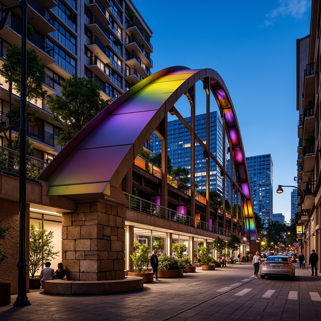 Prompt: Vibrant cityscape, postmodernist bridge design, curved steel arches, bold colorful accents, irregular shapes, fragmented forms, juxtaposed materials, rustic stone foundations, sleek metal railings, urban waterfront, bustling streets, modern skyscrapers, eclectic architectural styles, dramatic nighttime lighting, shallow depth of field, 1/1 composition, realistic textures, ambient occlusion.