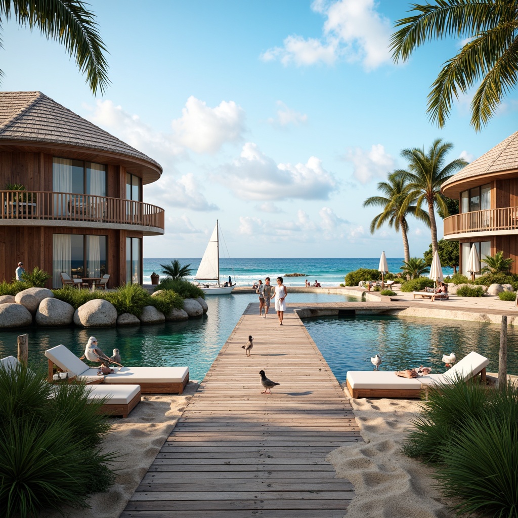 Prompt: Serene coastal scenery, weathered wooden docks, sailboats, seagulls, ocean waves, salty air, beachside villas, nautical-themed decorations, driftwood accents, shingle roofs, large windows, sliding glass doors, coral-inspired colors, sandy walkways, tropical plants, palm trees, sunny day, soft warm lighting, shallow depth of field, 3/4 composition, panoramic view, realistic textures, ambient occlusion.