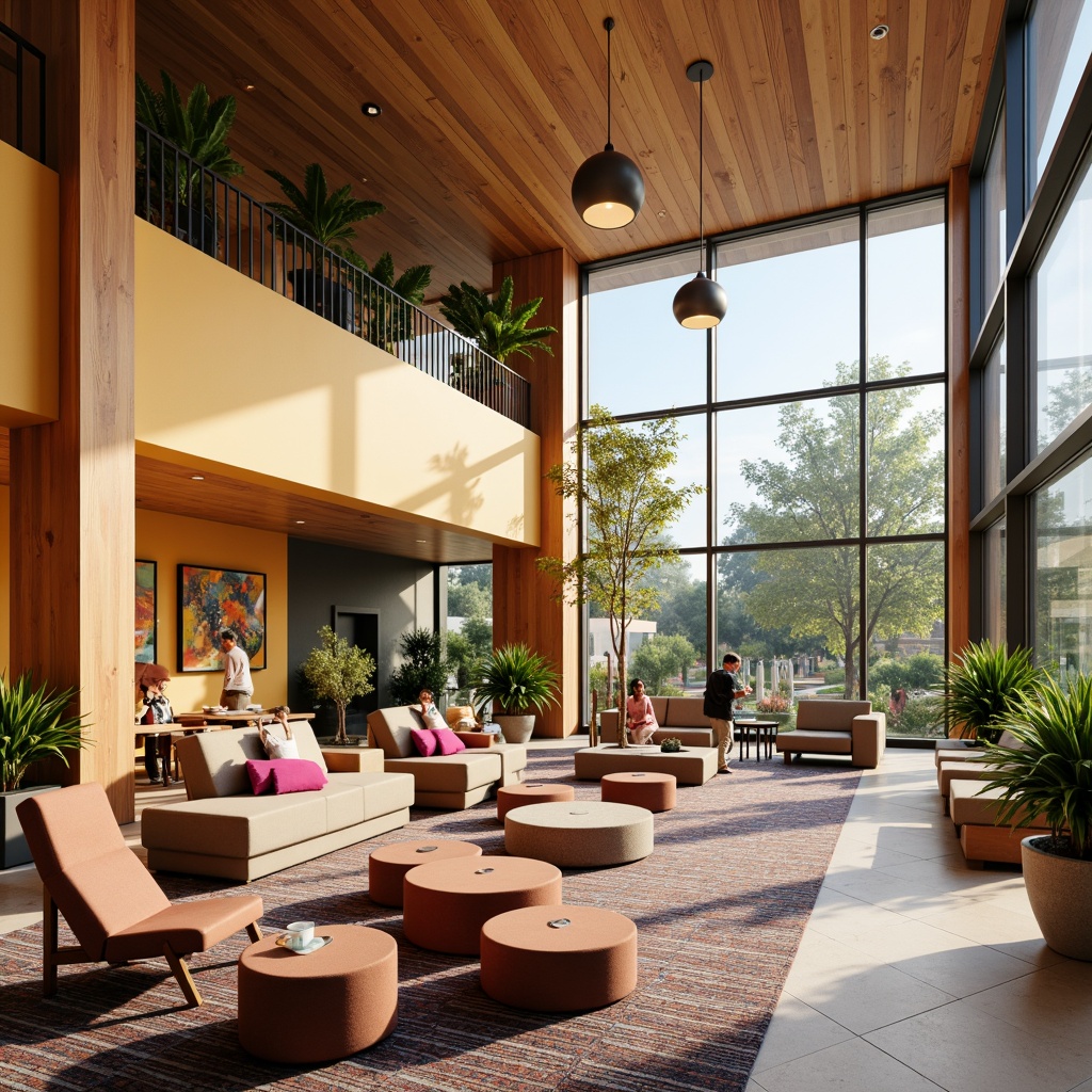 Prompt: Vibrant community center, bold geometric shapes, warm earthy tones, inviting common spaces, natural wood accents, plush furnishings, eclectic art pieces, lively patterned rugs, abundant greenery, floor-to-ceiling windows, modern minimalist architecture, soft diffused lighting, 1/1 composition, realistic textures, ambient occlusion.