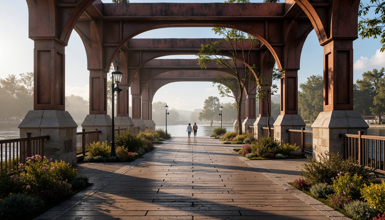 Prompt: Rustic steel arches, worn wooden planks, distressed stone piers, vintage metal railings, ornate lampposts, eclectic mix of materials, bold color contrasts, intricate stonework patterns, weathered copper accents, natural rock formations, scenic river views, misty morning atmosphere, soft warm lighting, shallow depth of field, 2/3 composition, symmetrical framing, realistic textures, ambient occlusion.