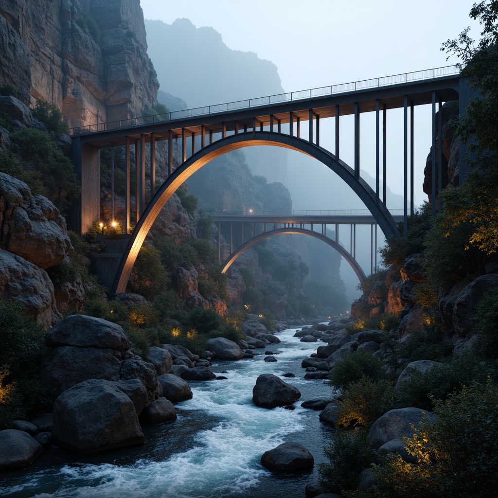 Prompt: Futuristic suspension bridge, sleek steel cables, modern asymmetrical piers, cantilevered roadways, dynamic arches, kinetic structural elements, glowing LED lighting, misty atmospheric effects, rugged rocky surroundings, fast-moving water currents, dramatic canyon landscape, high-contrast chiaroscuro, 1/2 composition, symmetrical framing, sharp angular lines, metallic textures, ambient occlusion.