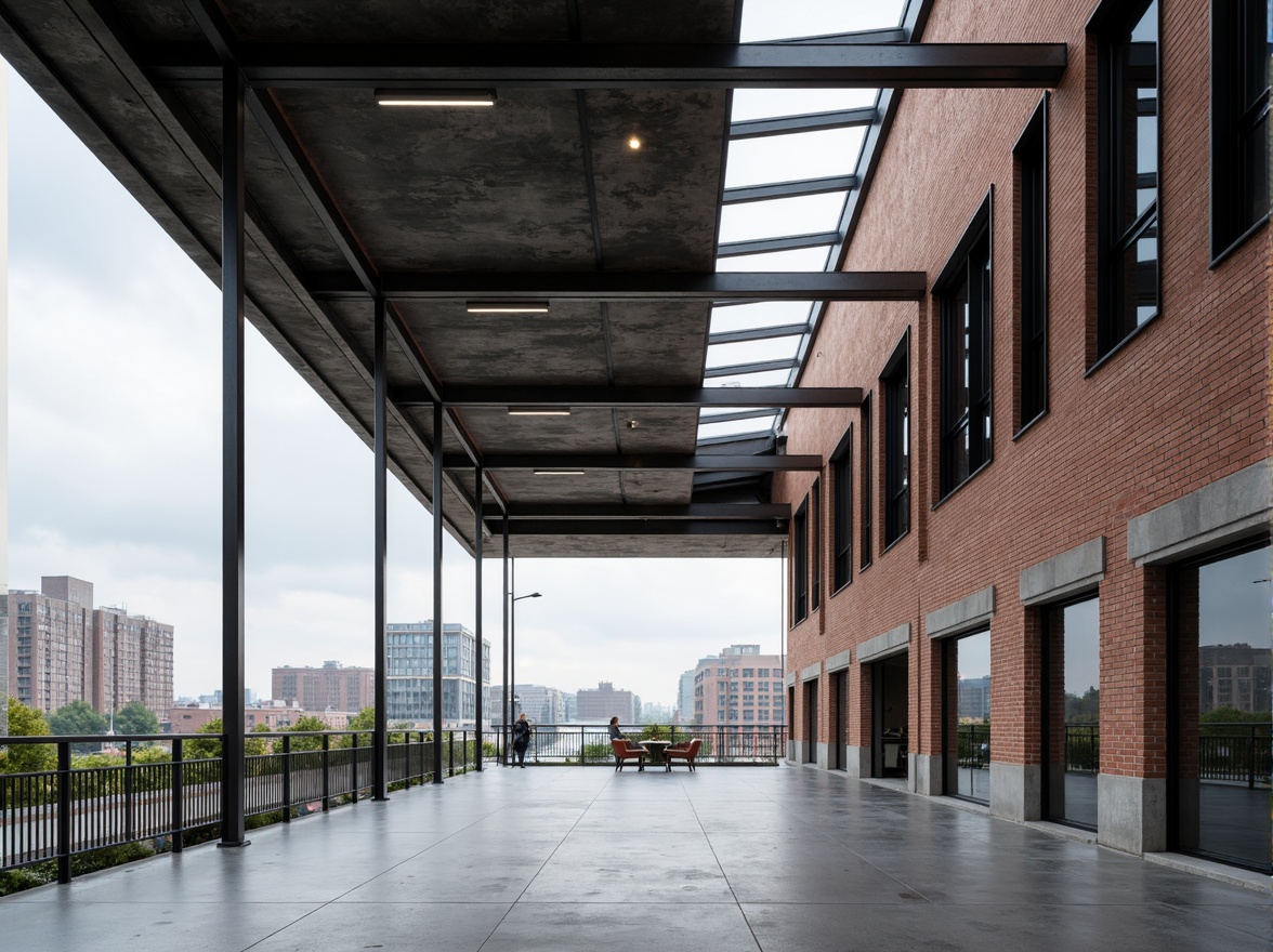 Prompt: Industrial constructivist building, exposed brick fa\u00e7ade, large windows, steel frames, minimalist interior, polished concrete floors, sleek metal beams, abundant natural light, clerestory windows, skylights, open floor plan, functional layout, brutalist design elements, urban landscape, cityscape views, cloudy day, soft diffused lighting, 1/1 composition, realistic textures, ambient occlusion.