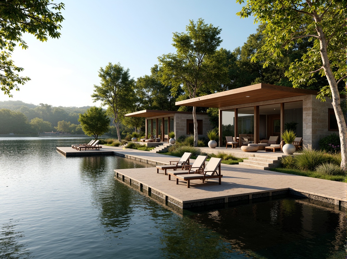 Prompt: Lakefront villa, modern minimalist design, large glass windows, sliding doors, wooden decking, outdoor seating areas, tranquil lake views, surrounding lush greenery, majestic trees, gentle water ripples, warm sunny day, soft natural lighting, shallow depth of field, 3/4 composition, panoramic view, realistic reflections, ambient occlusion, rustic stone walls, earthy color palette, natural materials, optimized viewing angles, unobstructed lake views, harmonious integration with nature.