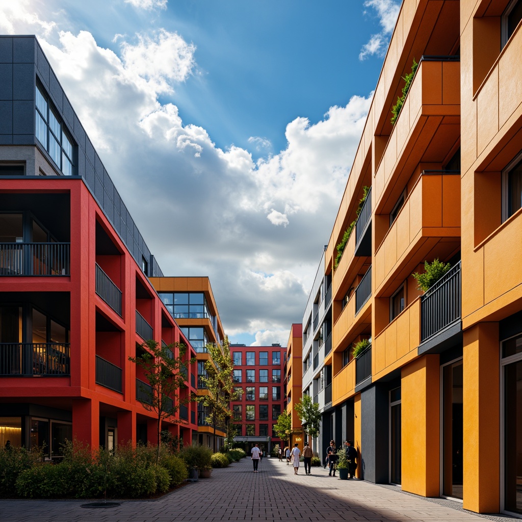 Prompt: Vibrant modernist buildings, geometric shapes, primary color schemes, bold black lines, rectangular forms, functional simplicity, industrial materials, exposed ductwork, minimalist decor, natural light pouring in, large windows, urban cityscape, cloudy blue sky, dramatic shadows, high contrast lighting, 1/1 composition, symmetrical framing, graphic textures, stylized architectural details.