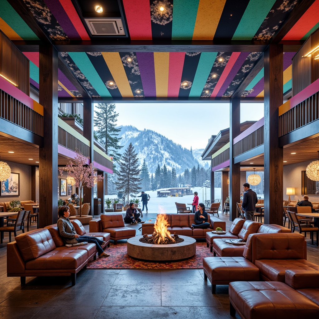 Prompt: Vibrant ski center, eclectic color scheme, bold stripes, bright hues, contrasting textures, wooden accents, rustic metal frames, dynamic geometric patterns, avant-garde architecture, snow-capped mountains, frosty mornings, crystal chandeliers, luxurious leather furniture, warm fireplaces, cozy lodges, modern amenities, panoramic views, dramatic lighting effects, atmospheric mist, frozen lake scenery, powdery snowdrifts, winter sports equipment, ski lifts, snowboards, helmets.