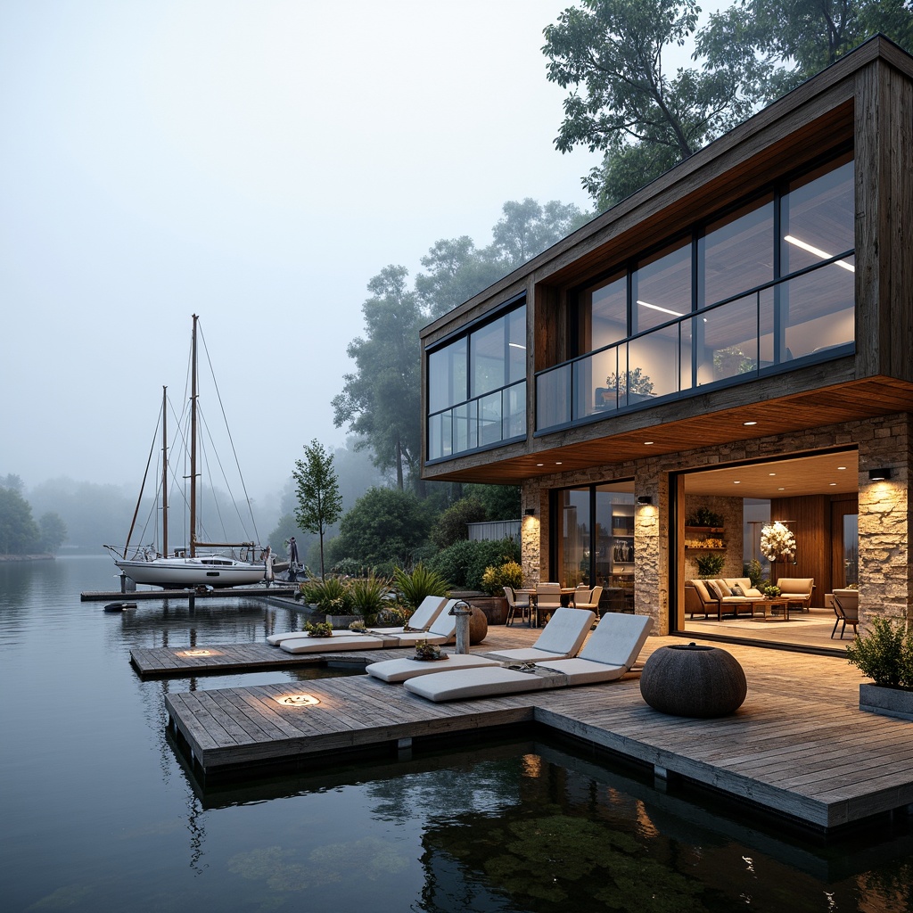 Prompt: Waterfront location, serene lake views, wooden dock, sailboats, luxurious boathouse, modern rustic architecture, natural stone walls, reclaimed wood accents, large windows, sliding glass doors, nautical themed decor, cozy reading nooks, comfortable lounge seating, warm ambient lighting, shallow depth of field, 3/4 composition, panoramic view, realistic textures, soft focus, gentle water reflections, misty morning atmosphere.