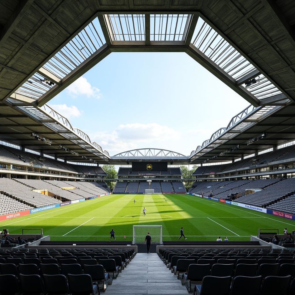 Prompt: Soccer stadium architecture, grandstands with tiered seating, vibrant green grass, white goalposts, soccer balls, athletic tracks, modern floodlights, steel beams, reinforced concrete structures, cantilevered roofs, open-air design, natural ventilation systems, sleek metal railings, dynamic staircases, panoramic views, shallow depth of field, 3/4 composition, realistic textures, ambient occlusion.