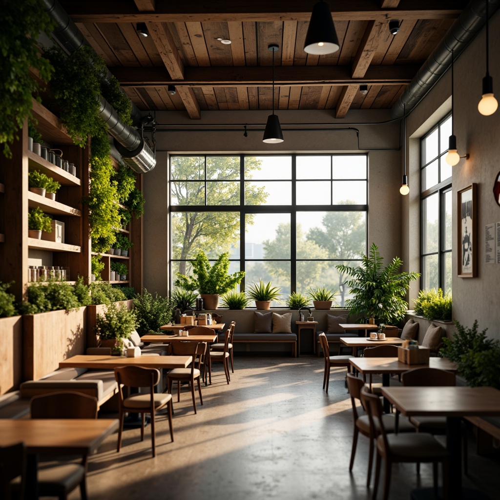 Prompt: Cozy coffee shop, large windows, natural light pouring in, warm wooden accents, comfortable seating areas, greenery walls, industrial-chic decor, metal beams, reclaimed wood tables, vintage lighting fixtures, soft warm ambiance, shallow depth of field, 1/1 composition, realistic textures, ambient occlusion.