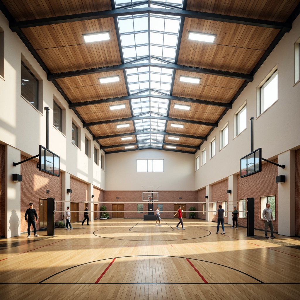 Prompt: Spacious gymnasium interior, high ceilings, clerestory windows, skylights, translucent roof panels, abundant natural light, polished wooden floors, athletic equipment, basketball hoops, volleyball nets, exercise machines, mirrored walls, modern minimalist architecture, sleek metal beams, industrial-style lighting fixtures, warm color scheme, soft diffused illumination, shallow depth of field, 1/2 composition, realistic textures, ambient occlusion.