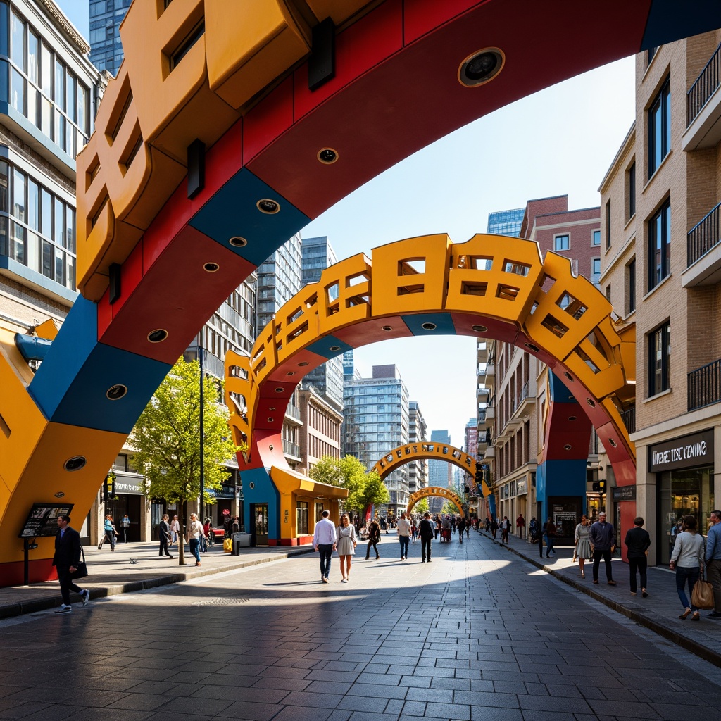 Prompt: Vibrant pedestrian bridge, playful curves, irregular shapes, eclectic mix of materials, bold primary colors, exposed ductwork, fragmented forms, irregular rhythms, dynamic lighting effects, urban cityscape, busy streets, diverse crowd, warm sunny day, shallow depth of field, 1/2 composition, cinematic angle shot, high-contrast textures, ambient occlusion.