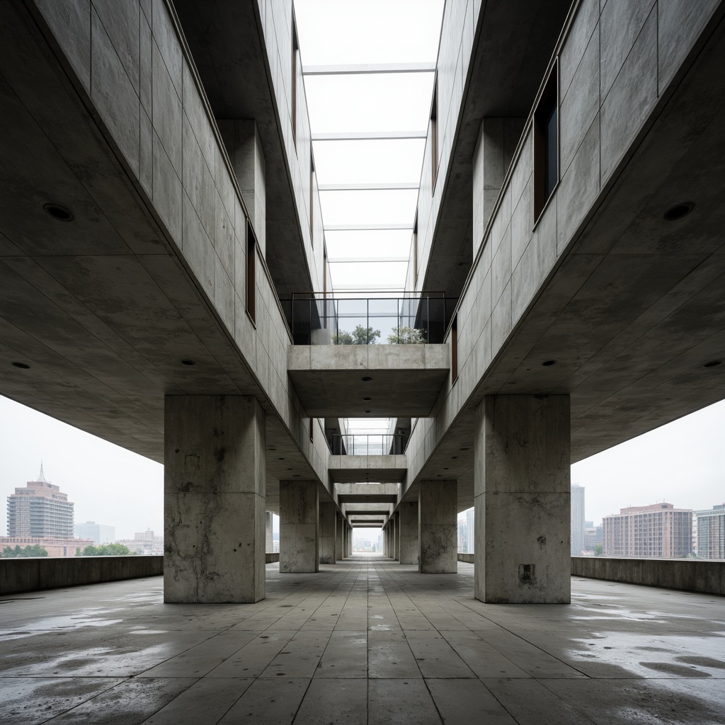 Prompt: Brutalist concrete structure, rugged textures, industrial materials, minimalist aesthetic, functional design, abundant natural light, large windows, clerestory openings, skylights, open floor plans, minimal obstructions, reflective surfaces, polished concrete floors, raw steel beams, exposed ductwork, urban landscape views, cityscape backdrop, overcast skies, soft diffused lighting, 1/1 composition, symmetrical framing, realistic shadows, ambient occlusion.