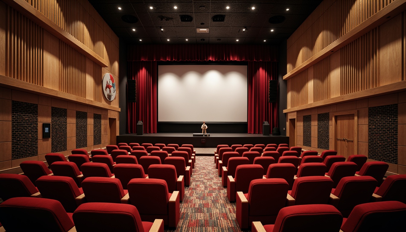 Prompt: Modern theater interior, luxurious velvet seats, ornate wooden paneling, sound-absorbing materials, acoustic ceiling tiles, diffused natural light, tiered seating arrangement, professional audio equipment, suspended soundproofing panels, rich burgundy curtains, dramatic stage lighting, shallow depth of field, 2/3 composition, realistic textures, ambient occlusion.