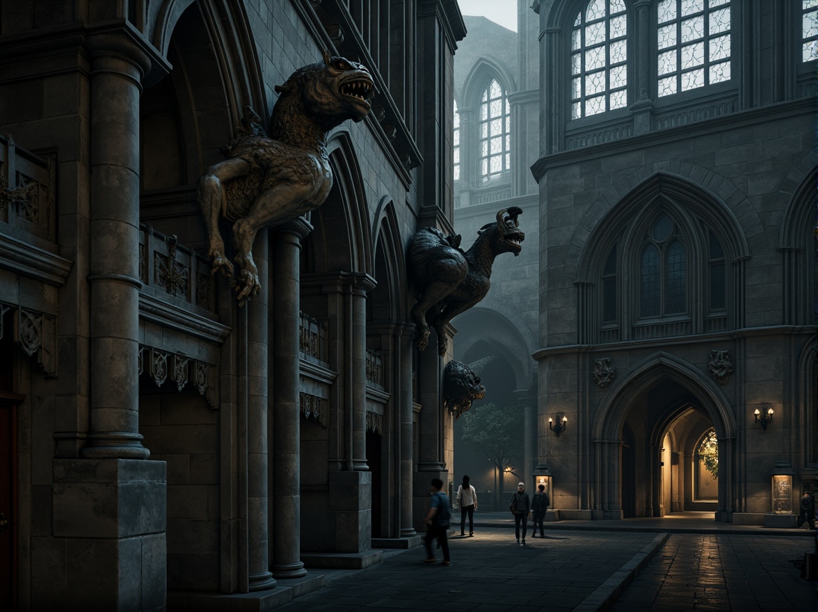 Prompt: Intricate stone gargoyles, grotesque facial expressions, mythical creatures, water spouts, Gothic architecture, grand cathedrals, ornate carvings, mystical symbolism, eerie atmosphere, dim lighting, stained glass windows, ribbed vaults, flying buttresses, ancient mythology, weathered stone textures, dramatic shading, low-key lighting, cinematic composition, atmospheric perspective.