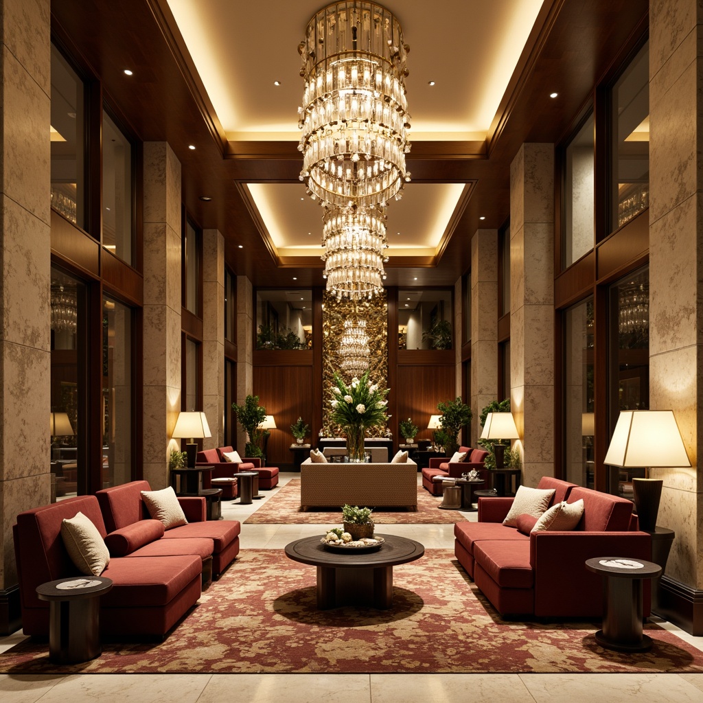 Prompt: Luxurious hotel lobby, rich wood accents, polished marble floors, plush carpeting, elegant chandeliers, sophisticated pendant lighting, comfortable velvet sofas, modern minimalist coffee tables, decorative metal screens, warm beige walls, lavish greenery, natural stone columns, ornate mirrors, subtle texture contrast, soft warm glow, shallow depth of field, 1/2 composition, realistic reflections, ambient occlusion.