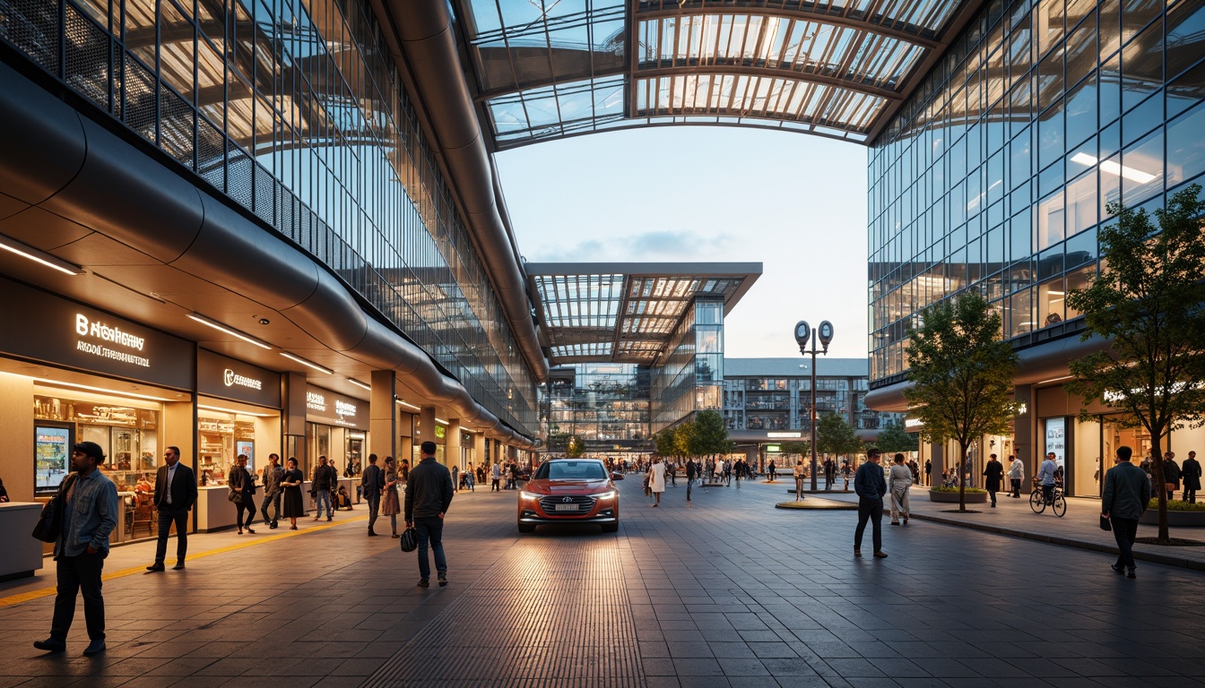 Prompt: Futuristic transportation hub, curved glass fa\u00e7ade, dynamic LED lighting, metallic mesh panels, cantilevered rooflines, minimalist signage, bustling urban atmosphere, morning rush hour, warm golden lighting, shallow depth of field, 2/3 composition, panoramic view, realistic reflections, ambient occlusion, modern steel structures, angular columns, sleek canopies, pedestrian walkways, bike lanes, green roofs, eco-friendly materials, innovative ventilation systems, natural stone flooring, geometric patterned textiles.