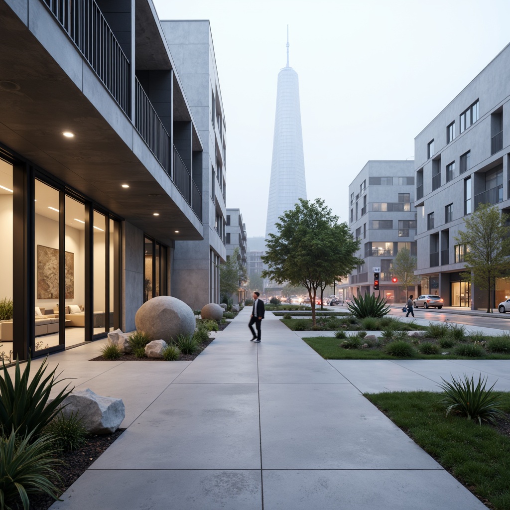 Prompt: Minimalist courtyard, sleek concrete pavement, geometric-shaped planters, succulent plants, modern sculptures, abstract art pieces, large glass windows, sliding doors, cantilevered roofs, clean lines, monochromatic color scheme, urban cityscape, busy streets, contemporary streetlights, misty morning atmosphere, softbox lighting, shallow depth of field, 2/3 composition, symmetrical framing, realistic textures, ambient occlusion.