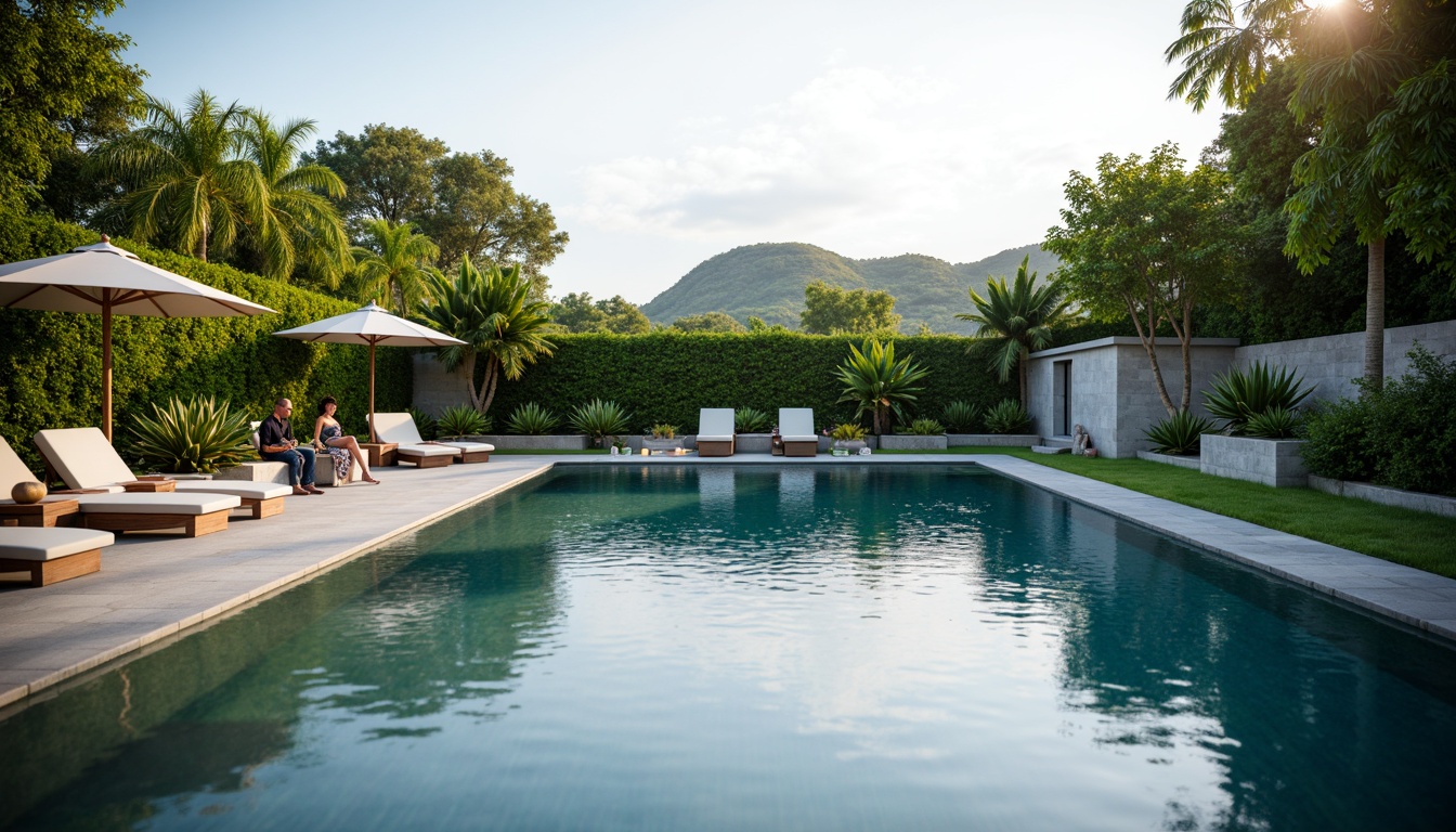 Prompt: Sleek minimalist pool, serene water reflection, subtle ripples, natural stone coping, gentle waterfall feature, modern rectangular shape, clean lines, simple elegance, calm ambiance, soft warm lighting, lush greenery surroundings, tropical plants, wooden deck chairs, parasol umbrellas, misting system, shallow depth of field, 3/4 composition, panoramic view, realistic textures, ambient occlusion.