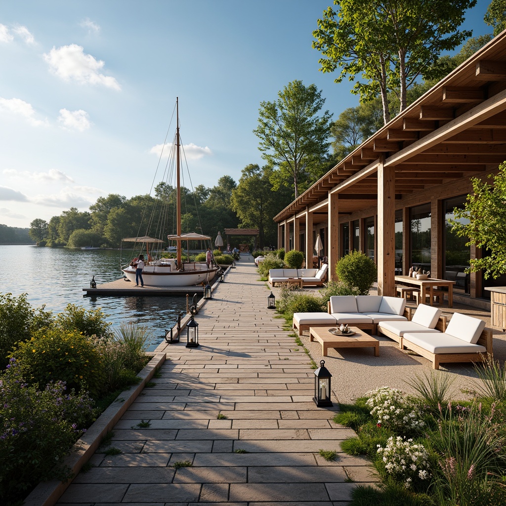 Prompt: Waterfront boathouse, rustic wooden dock, serene lake views, lush greenery, flowering plants, outdoor furniture, soft cushions, nautical-themed decor, lanterns, ropes, vintage anchors, weathered wood accents, natural stone pathways, sailboat-inspired architecture, large windows, sliding glass doors, warm sunny day, gentle lake breeze, shallow depth of field, 1/2 composition, intimate atmosphere, realistic textures, ambient occlusion.