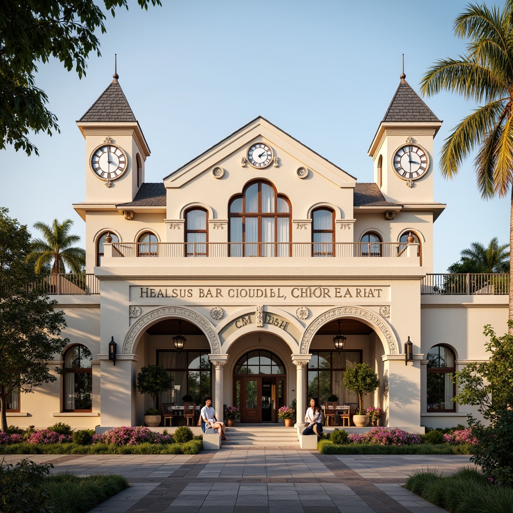 Prompt: Grand hospital facade, romantic-era inspired architecture, soft pastel colors, ornate stone carvings, intricate ironwork, grand entrance archways, stained glass windows, majestic clock towers, lush greenery, blooming flowers, warm golden lighting, shallow depth of field, 1/1 composition, symmetrical layout, realistic textures, ambient occlusion.