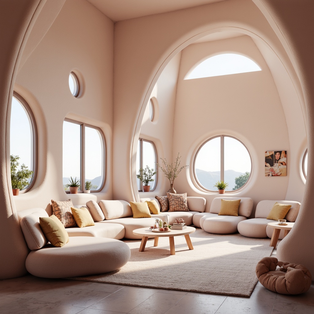 Prompt: Organic blob-shaped furniture, soft pastel colors, rounded edges, futuristic ambiance, cozy reading nooks, plush area rugs, minimal decorative ornaments, natural light pouring in, curved lines, irregular shapes, avant-garde design, artistic sculptural elements, futuristic materials, ambient lighting, warm color temperatures, shallow depth of field, 1/1 composition, realistic textures, ambient occlusion.