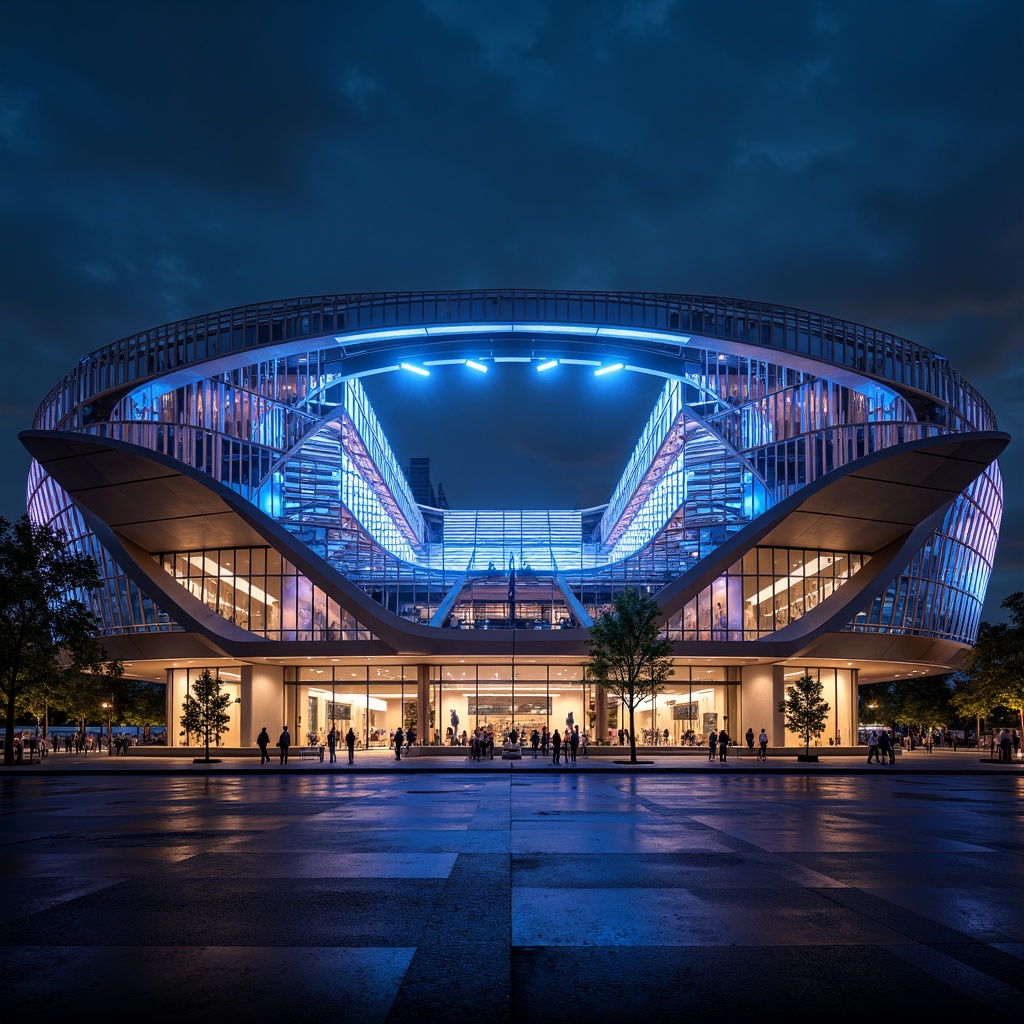 Prompt: Futuristic stadium, asymmetrical facade, dynamic curves, cantilevered structures, sleek metal cladding, LED light installations, transparent glass walls, angular lines, minimalist design, modernist architecture, vibrant color schemes, gradient patterns, intricate geometric motifs, atmospheric nighttime lighting, shallow depth of field, 3/4 composition, panoramic view, realistic textures, ambient occlusion.