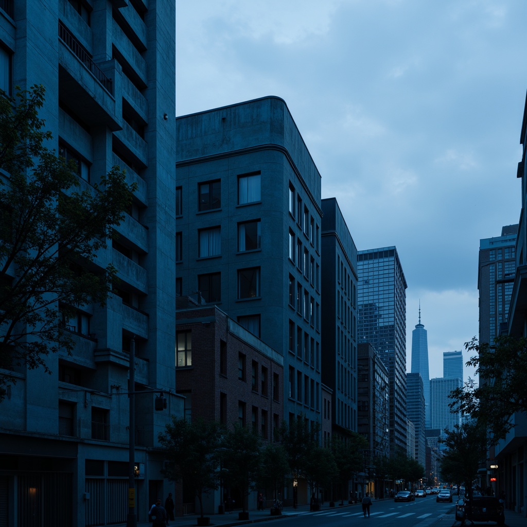 Prompt: Monochromatic navy blue tone, brutalist architecture, rugged concrete textures, industrial metal accents, minimalist ornamentation, geometric shapes, urban cityscape, overcast cloudy sky, dramatic shadows, low-key lighting, cinematic atmosphere, gritty realistic render, high-contrast ratio, bold graphic composition, abstract patterns, distressed finishes, raw materials, avant-garde aesthetic.