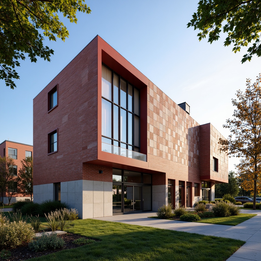 Prompt: Vibrant high school building, bold modern fa\u00e7ade, striking angular lines, dynamic brick patterns, contrasting window frames, sleek metal accents, inviting entrance canopy, rustic stone walls, lush greenery surroundings, blooming trees, sunny afternoon, soft warm lighting, shallow depth of field, 3/4 composition, realistic textures, ambient occlusion.