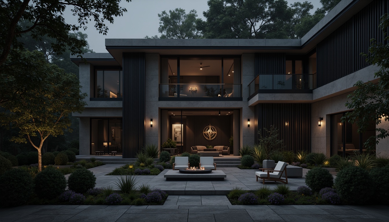 Prompt: Dark gray luxurious mansion, elegant facade, sophisticated lines, granite stone walls, metallic accents, floor-to-ceiling windows, lavish interior decor, rich velvet fabrics, ornate chandeliers, subtle ambient lighting, dramatic shadows, cinematic mood, 1/2 composition, low-key color tone, high-contrast textures, misty atmosphere, mysterious ambiance.