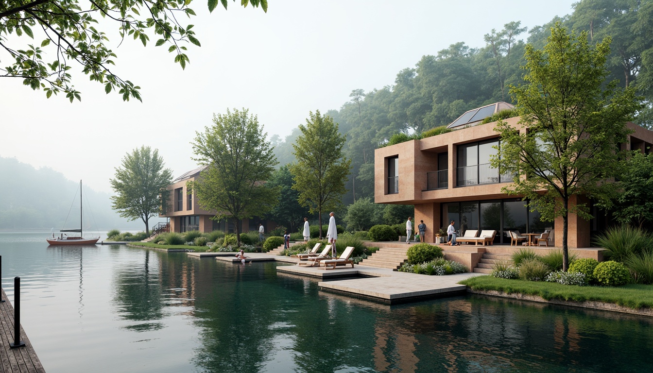 Prompt: Serene lakefront scenery, lush vegetation, tranquil water reflections, wooden dock systems, sailboats, paddleboards, luxurious villas, natural stone facades, green roofs, solar panels, rainwater harvesting systems, eco-friendly building materials, minimalist interior design, large windows, sliding glass doors, warm wood accents, soft ambient lighting, shallow depth of field, 3/4 composition, panoramic view, realistic water textures, misty morning atmosphere.