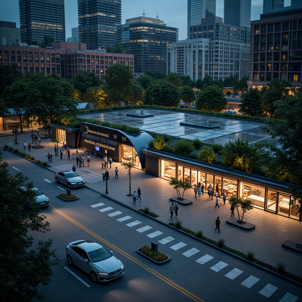 Prompt: Modern charging station, sleek metal fa\u00e7ade, neon lights, futuristic curves, green roofs, solar panels, energy-efficient systems, urban cityscape, busy street traffic, night scene, soft ambient lighting, shallow depth of field, 1/2 composition, realistic textures, ambient occlusion.