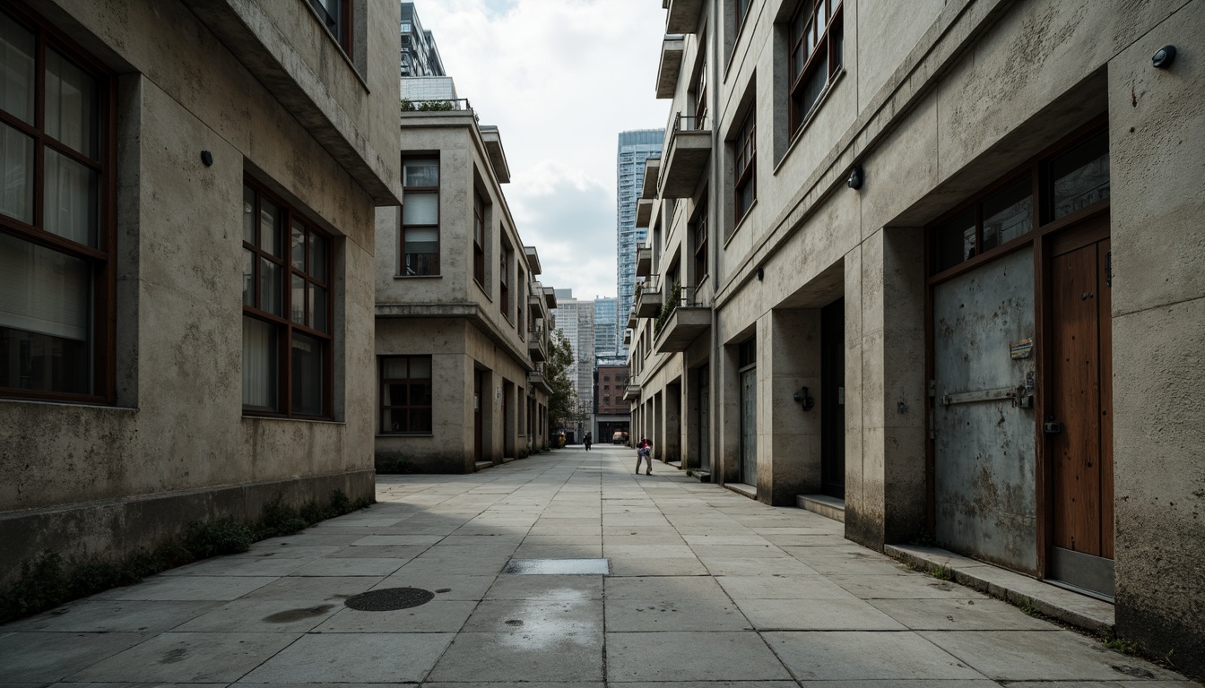 Prompt: Exposed concrete walls, rugged stone facades, brutalist architecture, industrial-style windows, metallic beams, raw unfinished surfaces, poured-in-place concrete floors, distressed wood accents, coarse-grained stucco, weathered steel panels, urban cityscape backdrop, moody overcast skies, dramatic high-contrast lighting, shallow depth of field, 2/3 composition, cinematic atmosphere, gritty realistic textures, ambient occlusion.