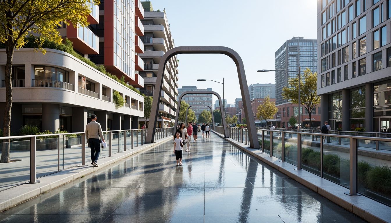 Prompt: Modern pedestrian bridge, sleek glass railings, minimalist metal frameworks, cantilevered structures, asymmetrical shapes, bold color accents, transparent glass floors, reflective steel surfaces, urban cityscape background, busy street activity, sunny day with soft shadows, shallow depth of field, 2/3 composition, realistic reflections, ambient occlusion.