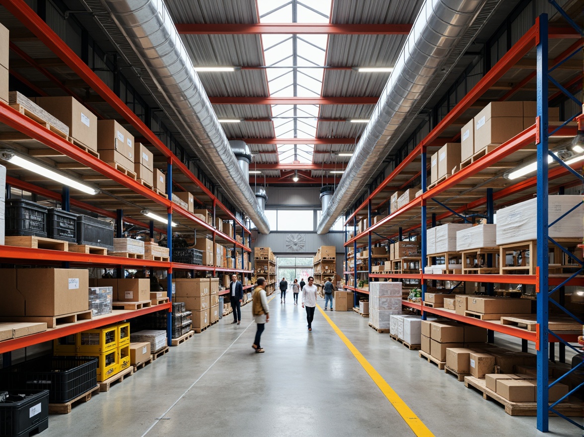 Prompt: Vibrant distribution center, bold primary colors, neutral secondary tones, industrial metallic accents, exposed ductwork, concrete floors, steel beams, modern LED lighting, open shelving units, storage crates, packaging materials, busy warehouse atmosphere, natural light pouring in, 1/1 composition, soft focus, realistic textures.