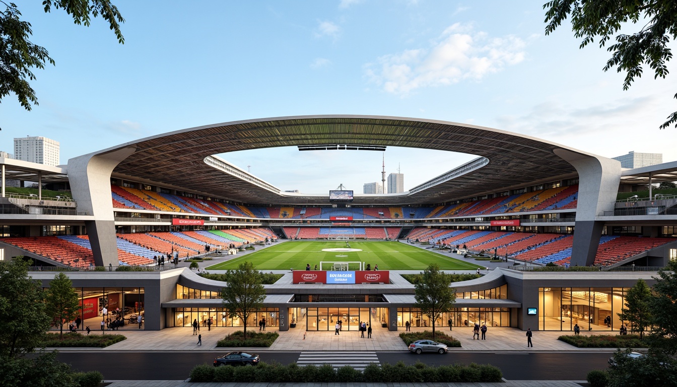 Prompt: Vibrant sports stadium, sleek metal fa\u00e7ade, dynamic LED lighting, transparent glass walls, cantilevered roofs, bold angular lines, modern minimalist design, eco-friendly materials, solar panels, wind turbines, green roofs, innovative cooling systems, shaded outdoor spaces, misting systems, grand entrance gates, ticket booths, electronic scoreboards, stadium seating, athletic tracks, soccer fields, basketball courts, tennis courts, vibrant colorful branding, futuristic architecture, sunny day, soft warm lighting, shallow depth of field, 3/4 composition, panoramic view, realistic textures, ambient occlusion.