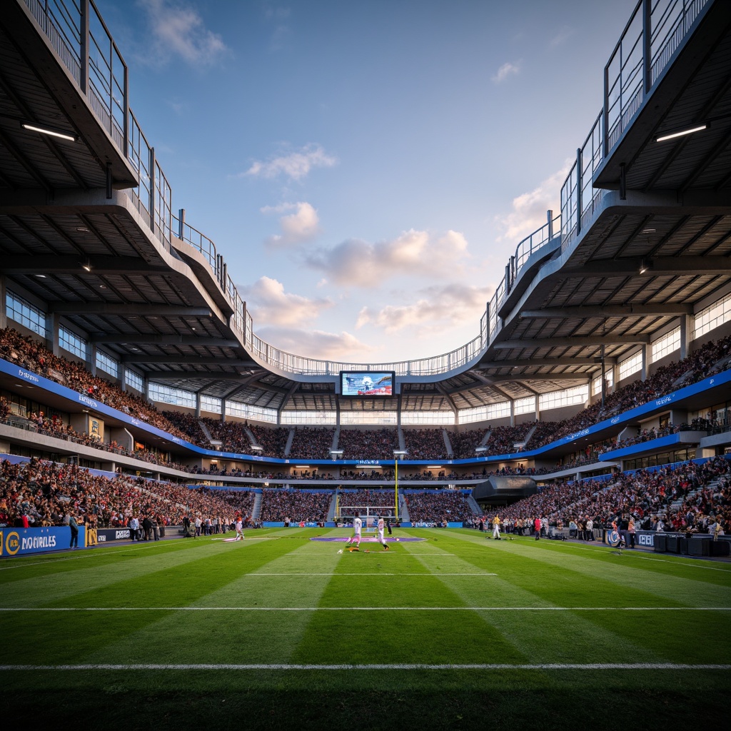 Prompt: Grand football stadium, sweeping archways, majestic columns, sleek metallic beams, vibrant team colors, lush green grass, sports floodlights, evening ambiance, dramatic shadows, low-angle lighting, 1/2 composition, atmospheric perspective, realistic crowd simulation, dynamic motion blur, warm sunset glow, natural stone fa\u00e7ade, modern minimalist design, cantilevered rooflines, glazed atriums, polished concrete floors, rustic steel accents.