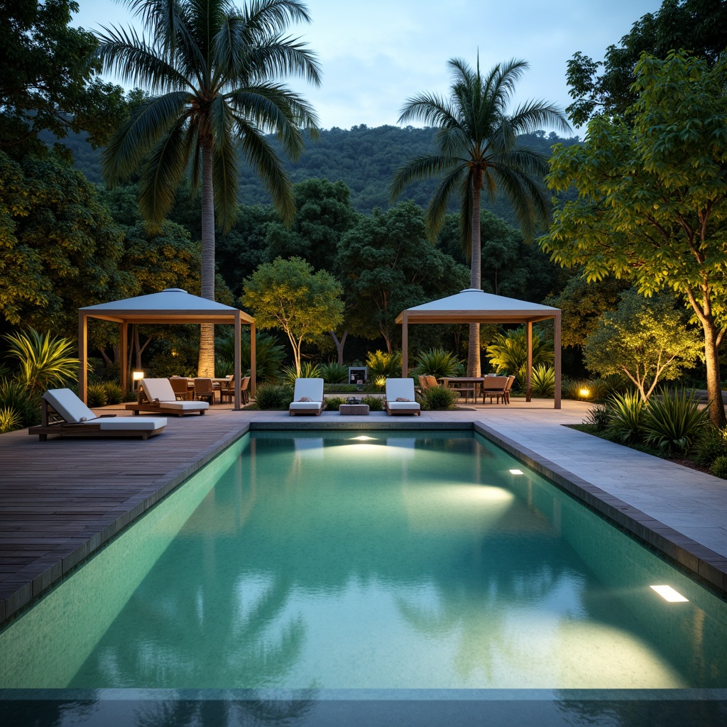 Prompt: Sleek minimalist pool, crystal-clear water, surrounding wooden deck, modern outdoor furniture, lush greenery, vibrant tropical plants, natural stone paving, subtle lighting, warm ambiance, serene atmosphere, shallow depth of field, 3/4 composition, panoramic view, realistic textures, ambient occlusion.