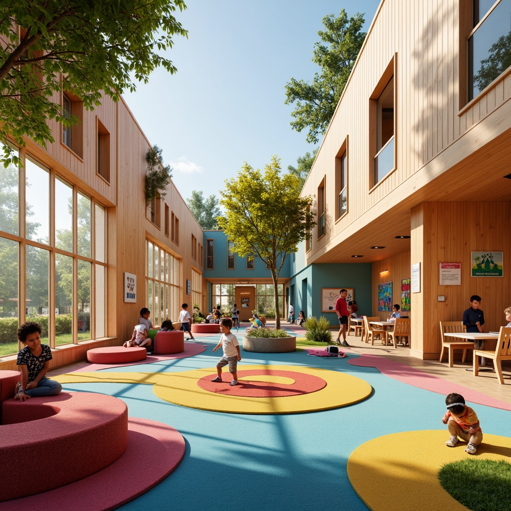 Prompt: Vibrant kindergarten playground, wooden climbing frames, soft cushioned flooring, colorful textile patterns, geometric shapes, minimalist architecture, large windows, natural light, warm wooden accents, educational signs, playful murals, interactive exhibits, cozy reading nooks, circular gathering spaces, ergonomic furniture, bright color schemes, whimsical decorative elements, shallow depth of field, 1/1 composition, soft focus, realistic textures, ambient occlusion.