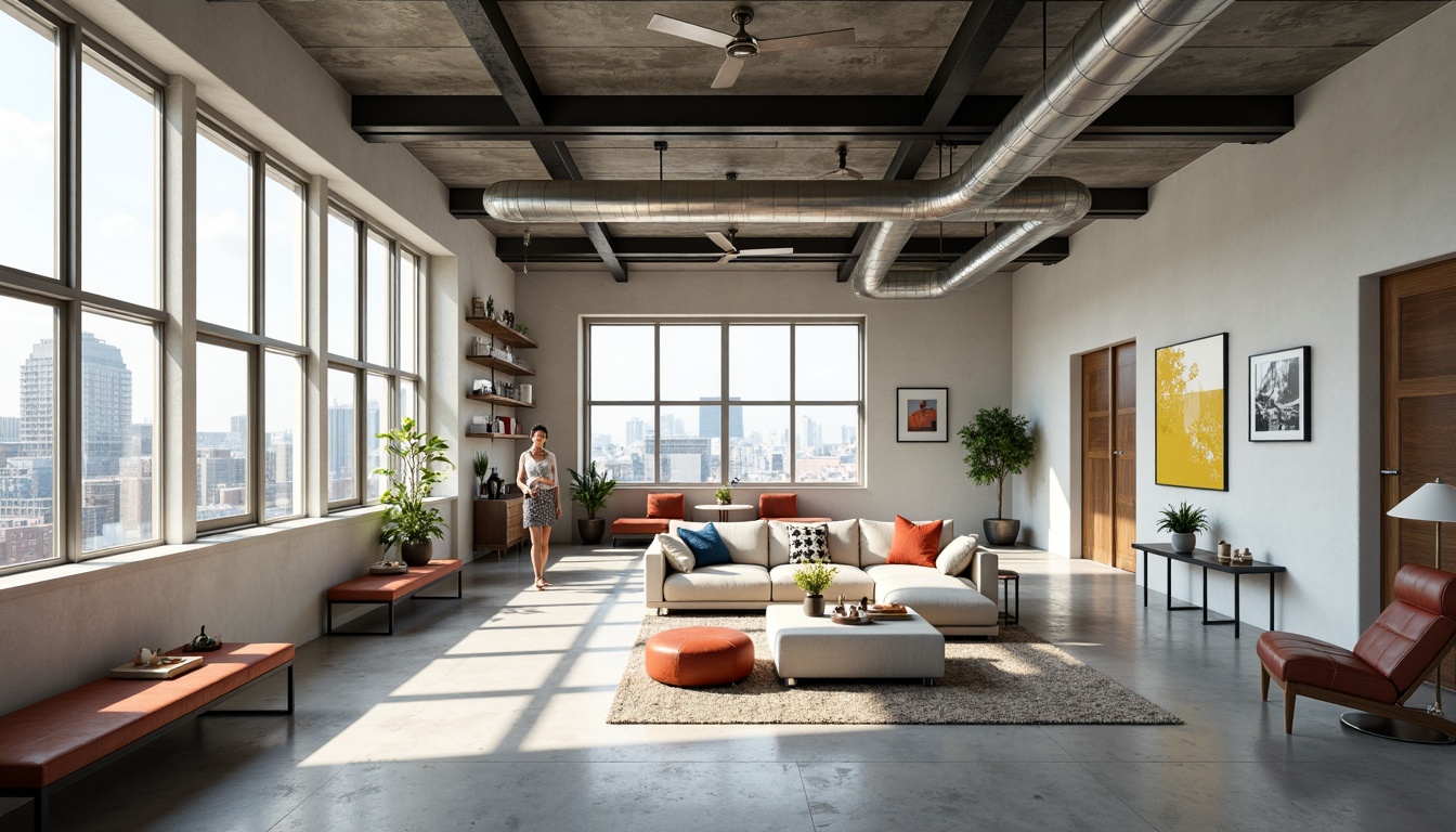 Prompt: Minimalist living room, open floor plan, large windows, natural light, industrial materials, exposed ductwork, concrete floors, steel beams, functional furniture, geometric shapes, primary color accents, bold typography, urban loft atmosphere, abstract art pieces, modern lighting fixtures, airy feel, shallow depth of field, 1/1 composition, soft box lighting, realistic textures.