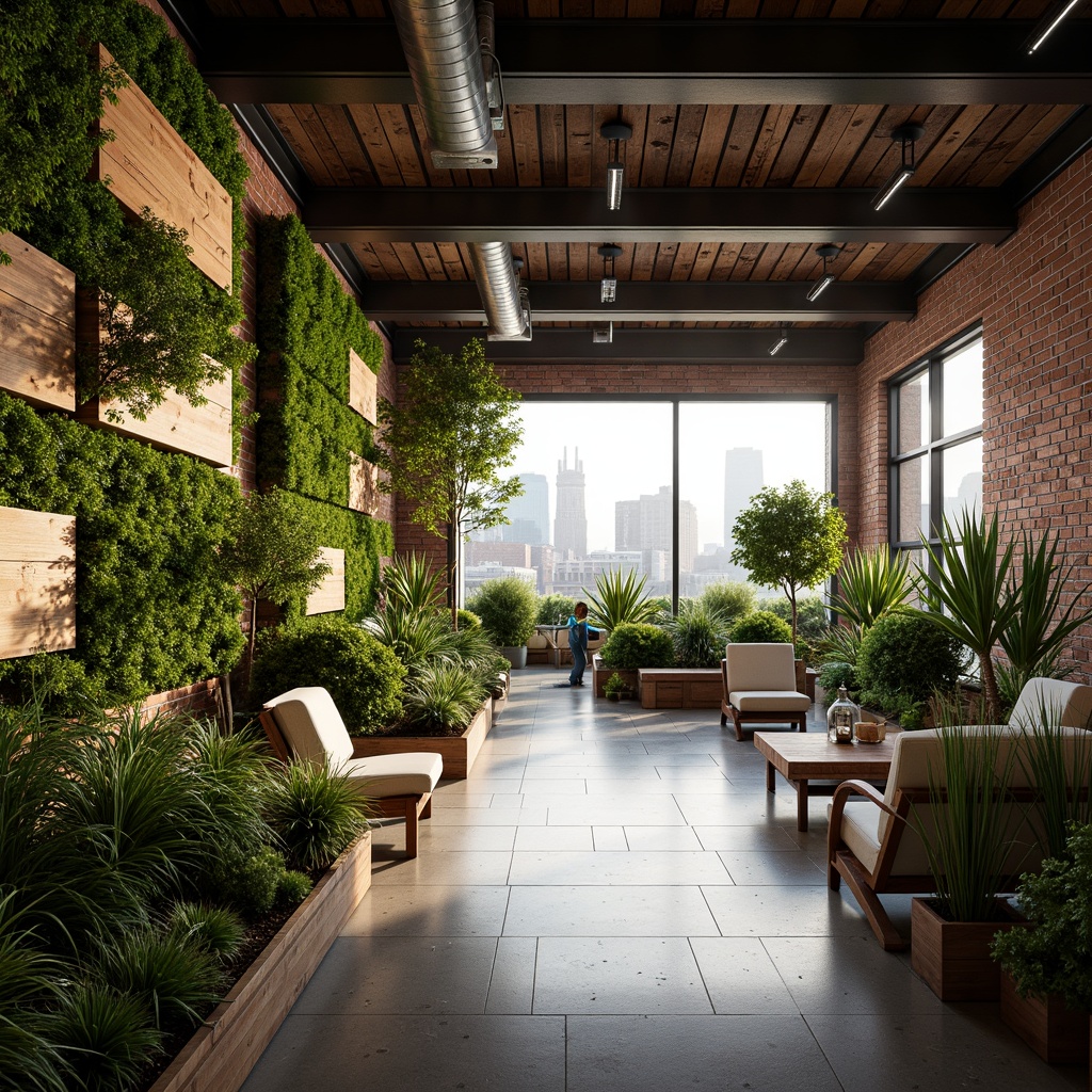 Prompt: Industrial warehouse, exposed brick walls, metal beams, reclaimed wood accents, lush greenery, living walls, vertical gardens, hanging planters, natural stone flooring, minimalist decor, urban oasis, abundant natural light, soft warm lighting, shallow depth of field, 3/4 composition, panoramic view, realistic textures, ambient occlusion, eco-friendly materials, sustainable design, rainwater harvesting systems, grey water reuse, rooftop garden, city skyline views, morning fog, misty atmosphere.