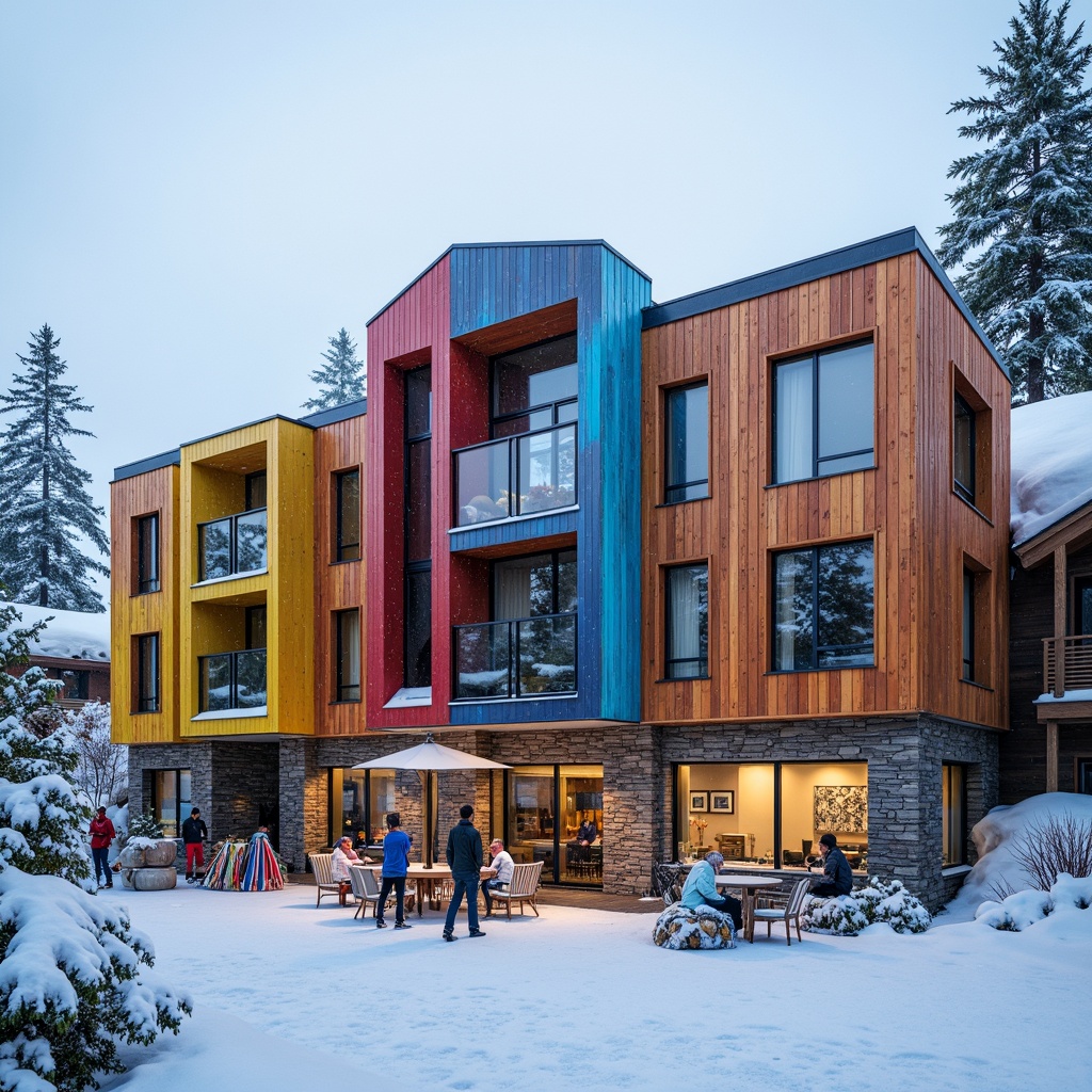 Prompt: Vibrant ski center, eclectic facade, bold color-blocking, contrasting textures, wooden accents, metal cladding, irregular shapes, dynamic angles, oversized windows, rustic stone walls, snow-covered roofs, winter sports equipment, skis, snowboards, sleds, frosty morning light, warm afternoon sun, soft powdery snowfall, misty mountain atmosphere, shallow depth of field, 1/2 composition, symmetrical balance, realistic materials, ambient occlusion.