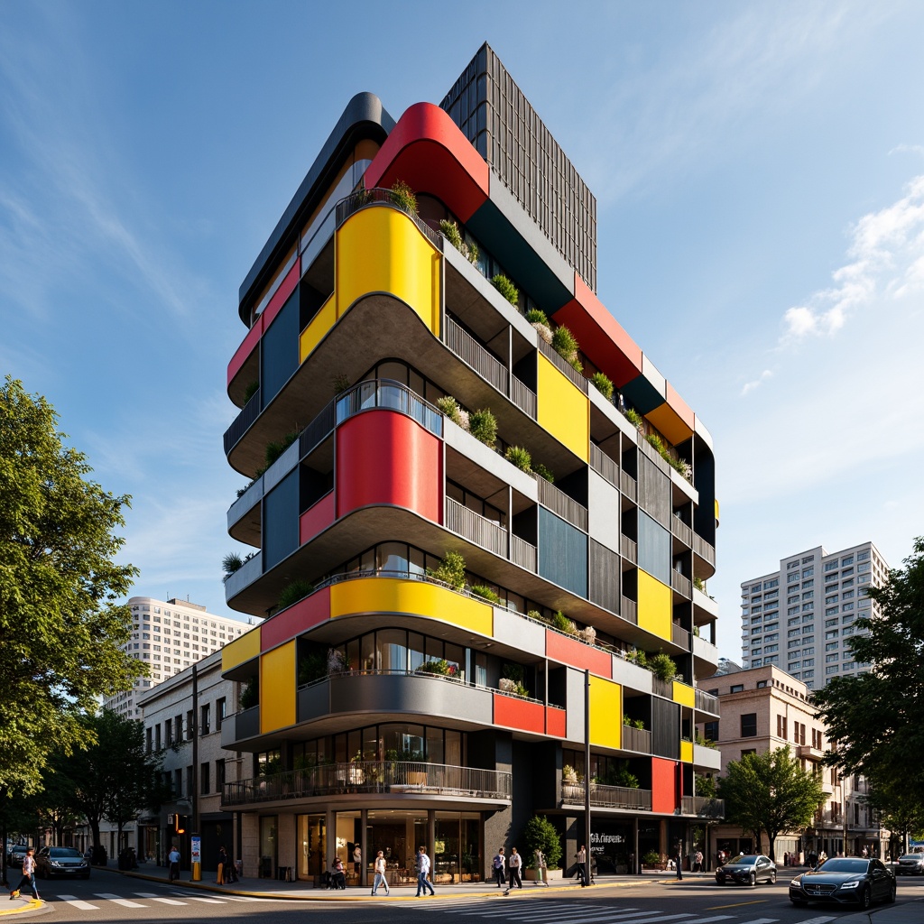 Prompt: Vibrant hotel facade, constructivist architecture style, bold geometric shapes, dynamic angular lines, contrasting color blocks, metallic materials, industrial textures, urban cityscape, morning sunlight, dramatic shadows, high-contrast lighting, 1/1 composition, symmetrical framing, abstract patterns, modern amenities, luxurious accommodations, avant-garde design elements, innovative building technologies, brutalist concrete structures, minimalist decor.