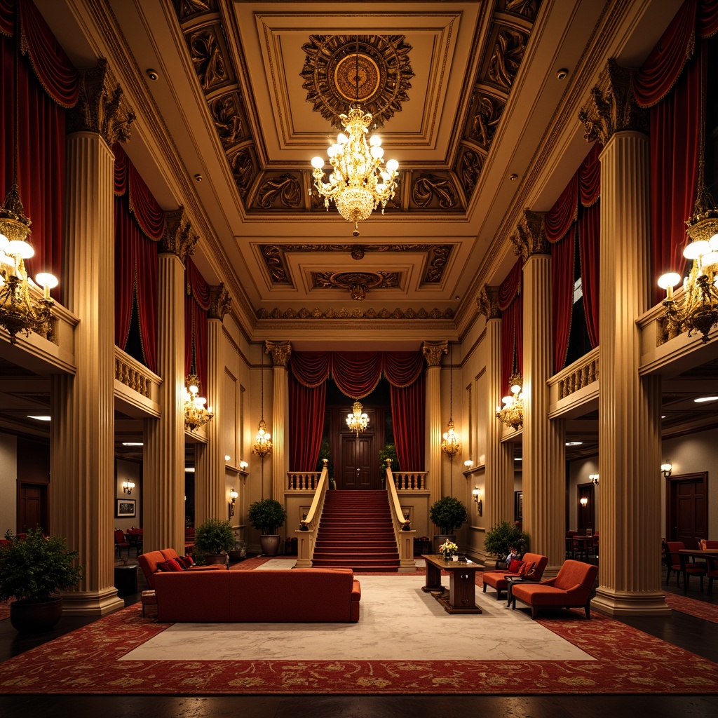 Prompt: Grand cinema, ornate neoclassical decorations, opulent chandeliers, velvet drapes, luxurious seating, intricate moldings, marble floors, grand staircases, majestic columns, richly patterned carpets, gilded accents, warm golden lighting, soft focus, 1/1 composition, symmetrical framing, dramatic shadows, realistic textures, ambient occlusion.