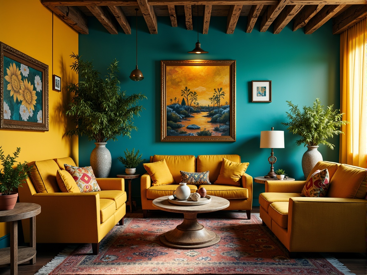 Prompt: Vibrant artistic studio, eclectic bohemian decor, rich turquoise walls, bold yellow accents, distressed wooden furniture, plush velvet textiles, ornate gold frames, abstract expressionist artwork, warm golden lighting, soft focus, atmospheric perspective, 3/4 composition, cinematic color grading, natural film textures.