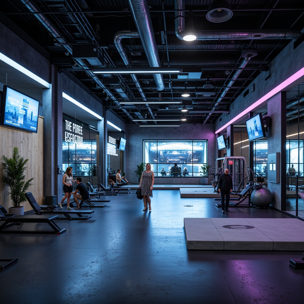 Prompt: Futuristic gym interior, polished metallic surfaces, neon-lit accents, high-gloss floors, industrial-style ceilings, minimalist design, cutting-edge technology integration, advanced fitness equipment, virtual reality training zones, augmented reality mirrors, LED screens, dynamic lighting systems, urban loft-inspired architecture, exposed ductwork, concrete walls, modern athletic track, professional-grade flooring, motivational quotes, inspirational wall art, sleek lines, geometric shapes, high-contrast color scheme, dramatic shadows, 3/4 composition, shallow depth of field, panoramic view.