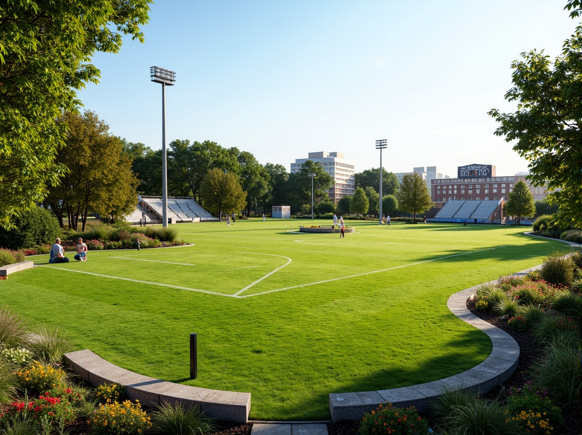 Prompt: Vibrant green grass, sports stadium surroundings, winding walking trails, natural stone benches, ornamental trees, colorful flower beds, athletic track markings, soccer goalposts, tennis court nets, basketball hoops, bleacher seating areas, scoreboard displays, sunny day, soft warm lighting, shallow depth of field, 3/4 composition, panoramic view, realistic textures, ambient occlusion.